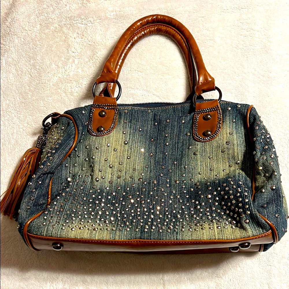 Lady Noiz. Rhinestones Medium Wash Denim and Brown Handbag with strap. NWOT.